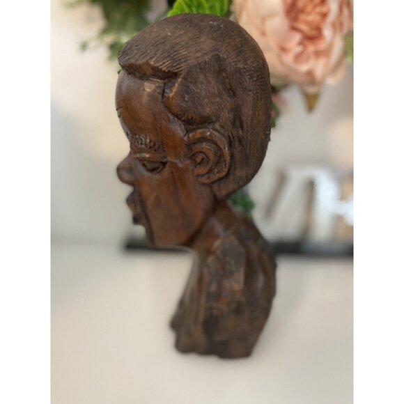 Vintage 1960s Tribal Man Hand Carved African Male Exotic Wood 8" Head Bust Stump - Picture 15 of 16